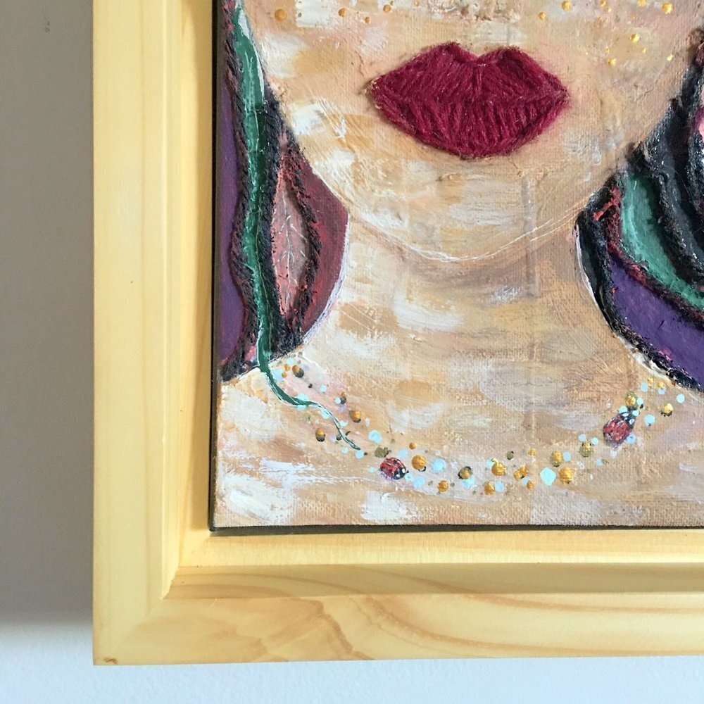 Boho Painting with Embroidered Flowers, Girl Mother Nature Art, Witchy Decor - Picture 7 of 12